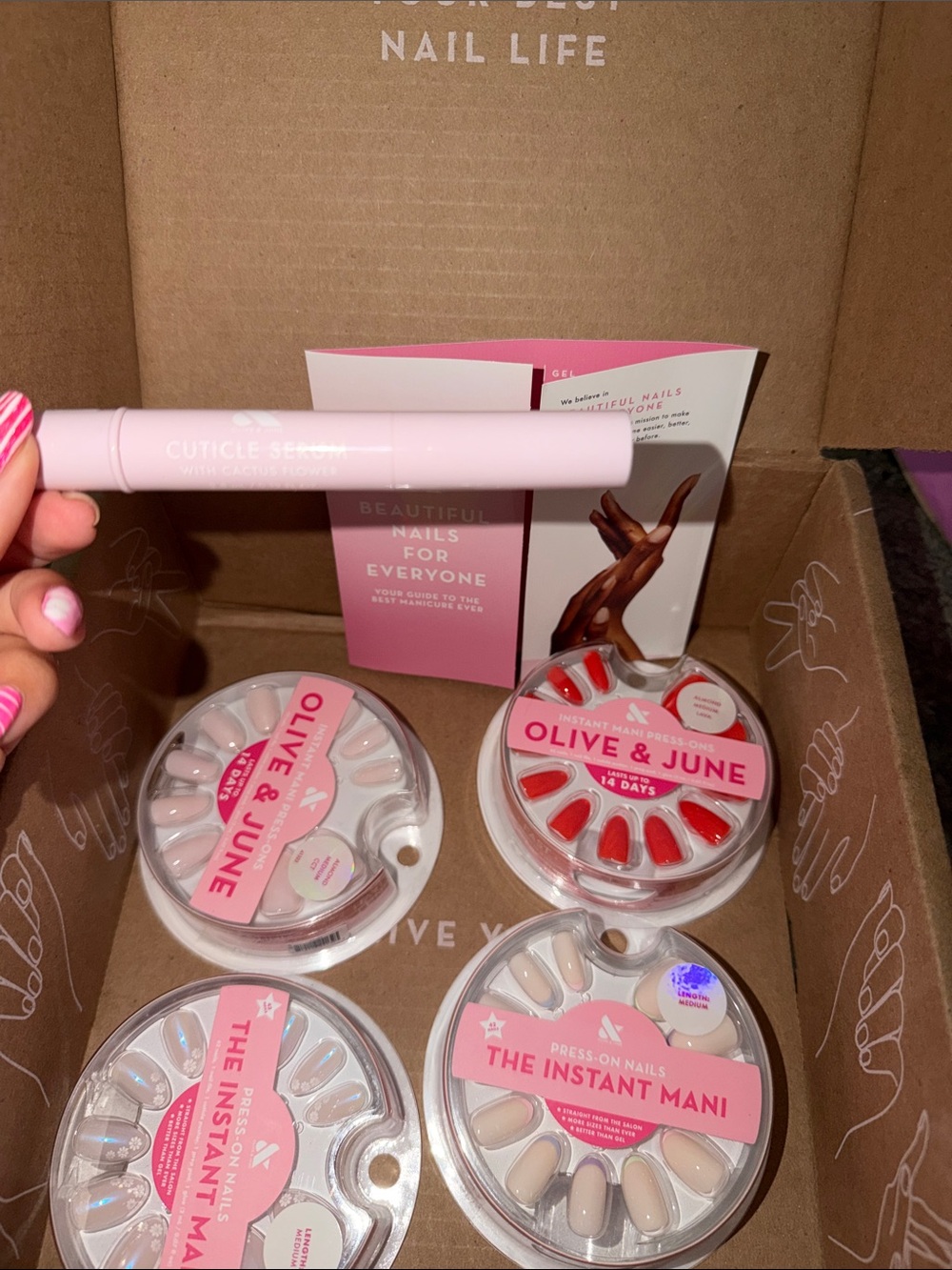Nude and Red Press-On Nail Set with Cuticle Serum